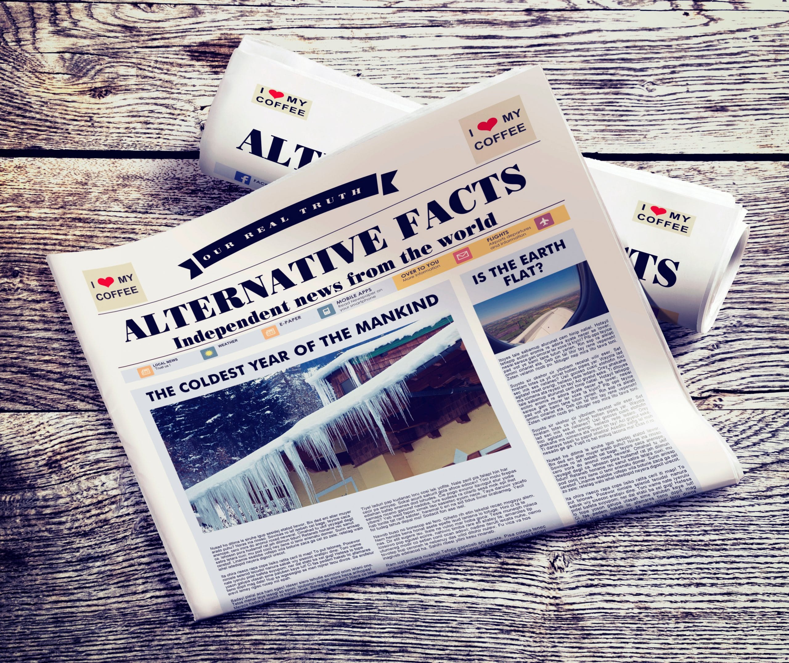 Alternative facts, news from the world, newspaper on grunge back list of alternative media sites